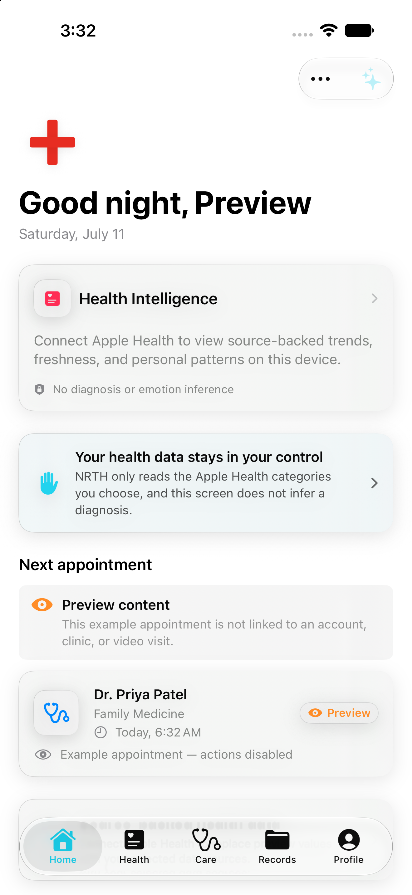 Sanitized NRTH iPhone product concept showing an organized health-information overview.